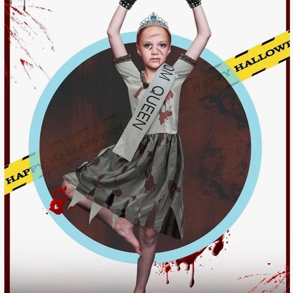Liitrish Zombie Prom Queen Costume Dress Crown Sash Rose Bracelet Size M 8-10yrs - Picture 2 of 8